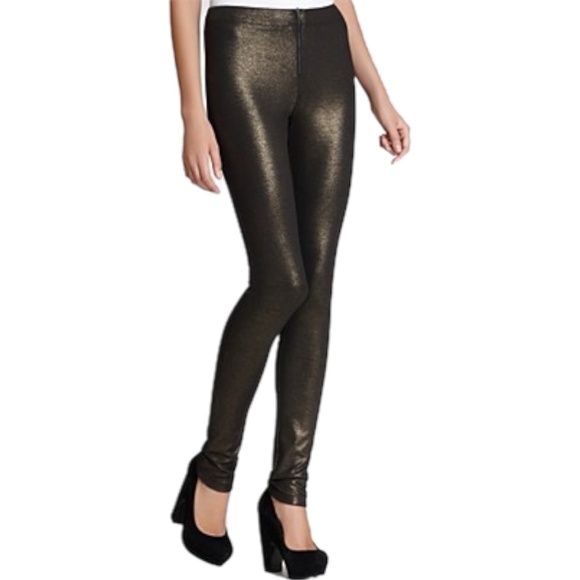 ALICE + OLIVIA Black & Metallic Gold Shimmer Front Zip Leggings - Picture 6 of 14